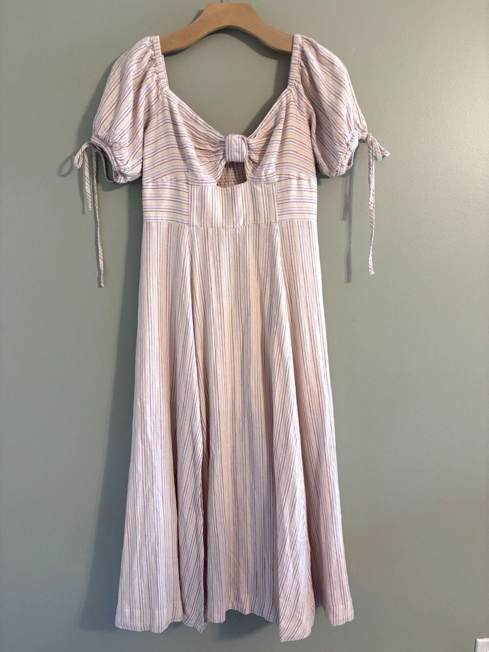 Free People Linen Blend Midi Dress Stripe Cut Out Boho Cottage Coastal Peasant